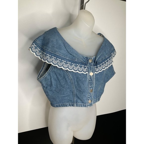 Steffano International Boho Vintage Denim Vest On Shoulder Top Cropped Large - Picture 3 of 8